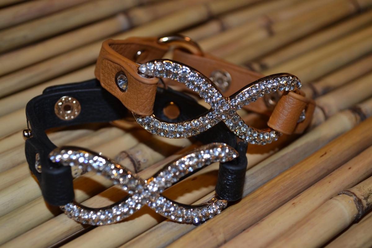 Infinity Wish Rhinestone Crystal Side Leather Bracelet Comes In Black And Caramel Color.