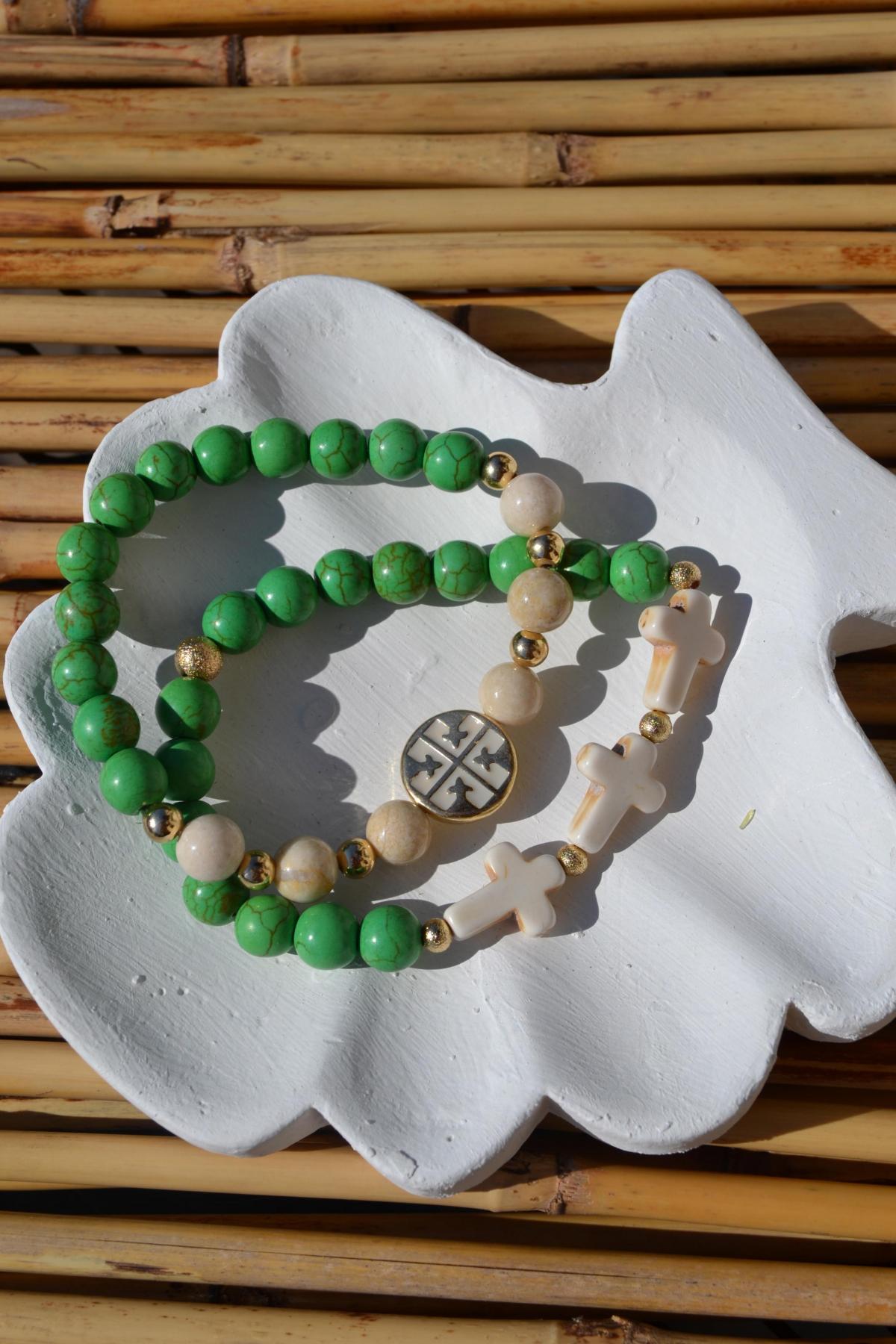 Green Magnesite Bracelets With Howlite Crosses / Green Magnesite Bracelet With Gold Accents